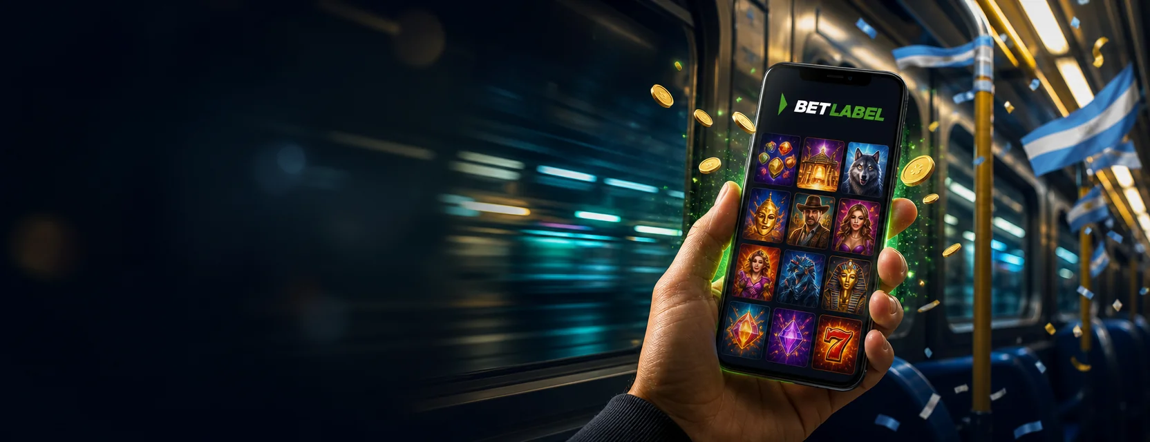 Mano con un celular que muestra el lobby de BetLabel Casino dentro de un vagón del subte de Buenos Aires