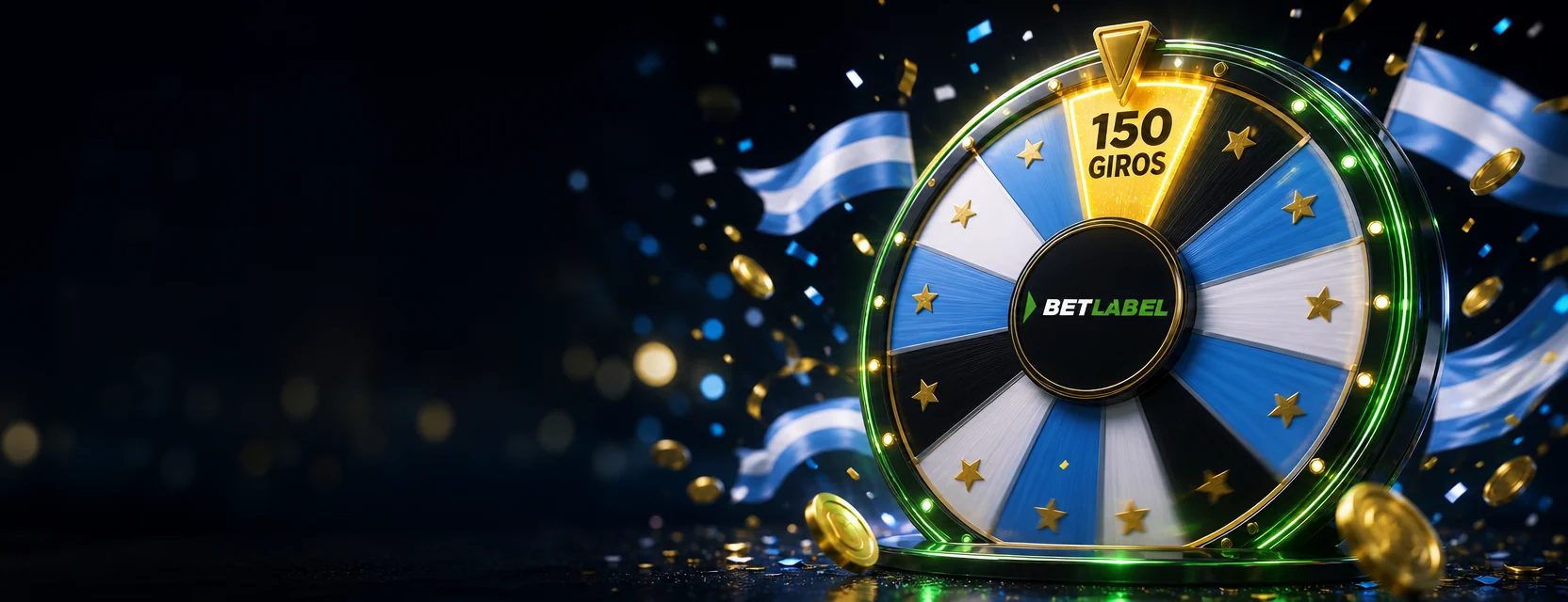 Rueda de premios gigante con el logo de BetLabel en el centro y un segmento dorado que dice 150 GIROS