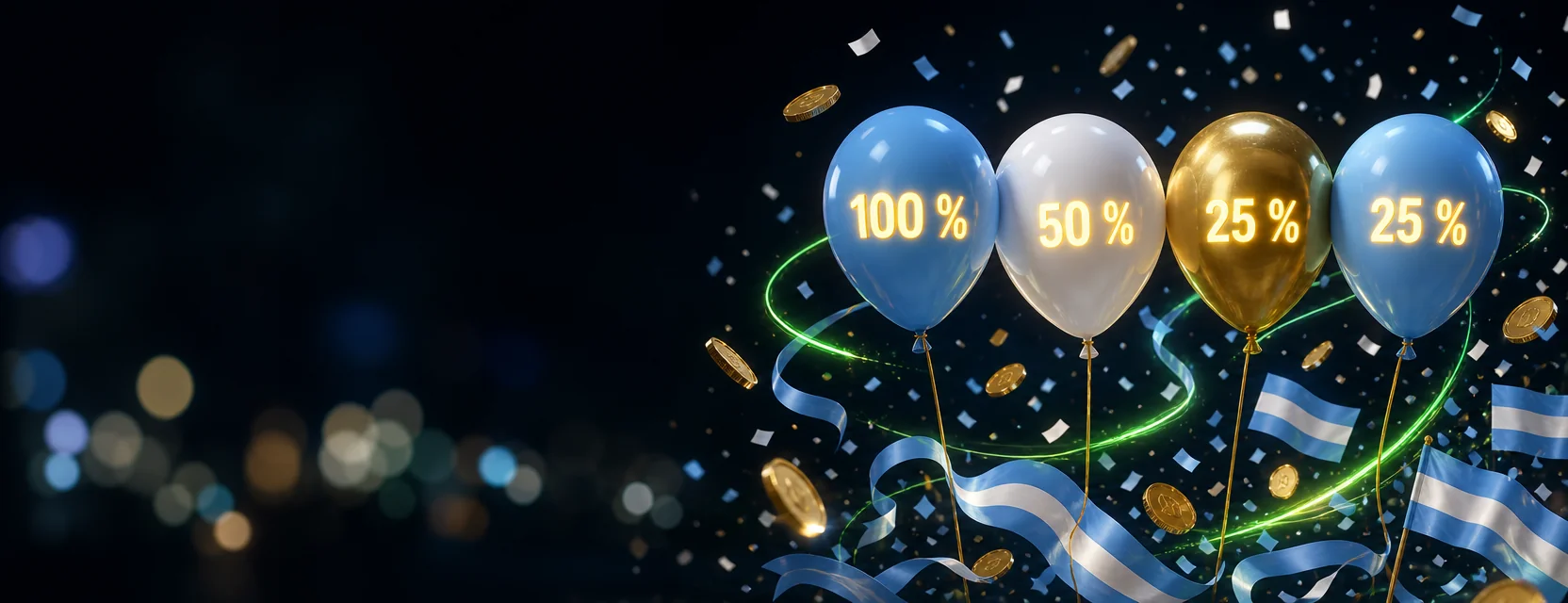 Cuatro globos brillantes celestes, blancos y dorados que suben con las etiquetas 100 %, 50 %, 25 % y 25 %