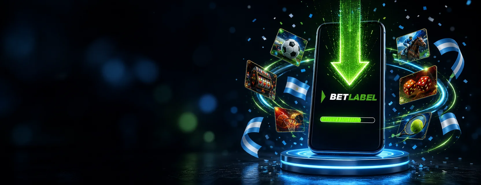 Celular sobre un pedestal celeste iluminado con una gran flecha de descarga y el logo de BetLabel en la pantalla