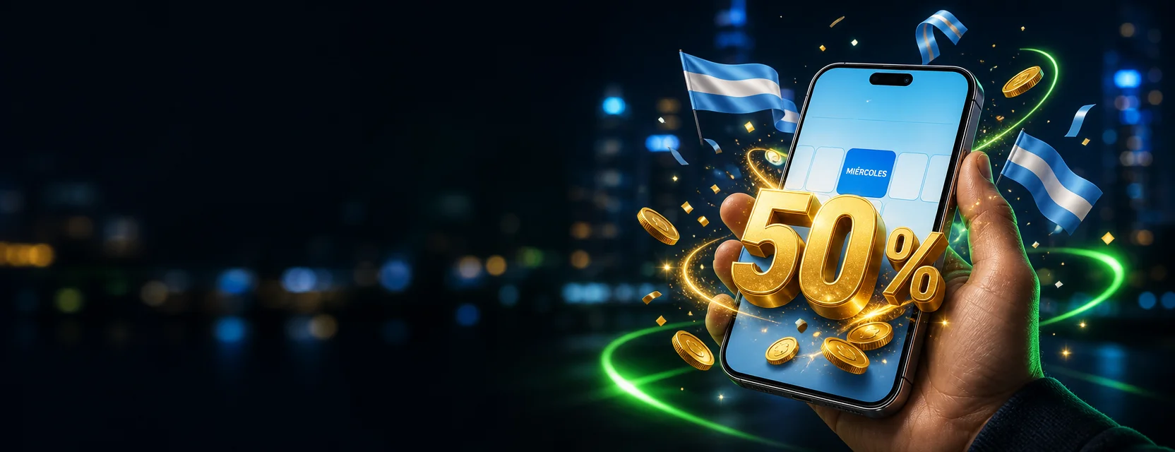 Mano con un celular que muestra un calendario con el día MIÉRCOLES resaltado y un 50 % dorado que sale de la pantalla