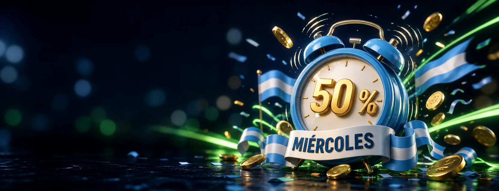 Despertador celeste que suena entre monedas, con un 50 % dorado en la esfera y una cinta que dice MIÉRCOLES
