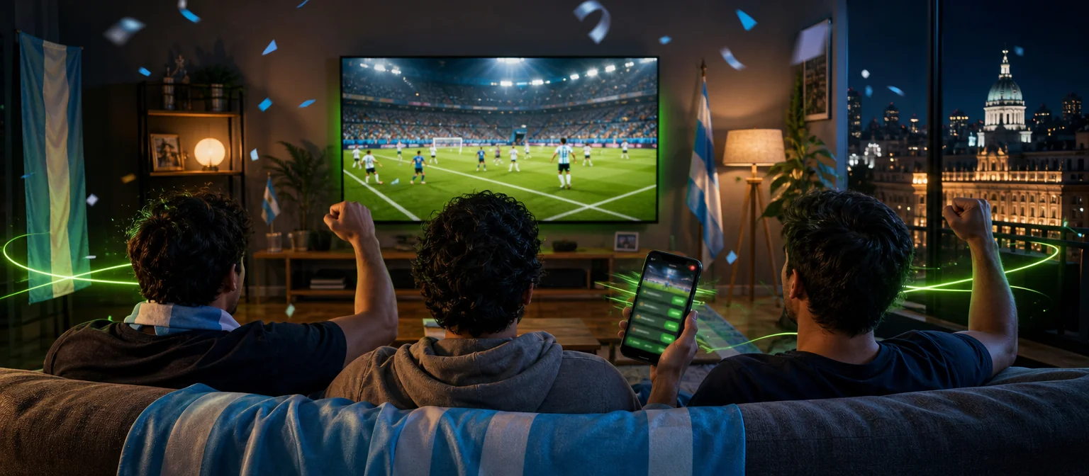 Amigos de espaldas mirando un partido en un televisor grande mientras uno sigue las cuotas en vivo en el celular