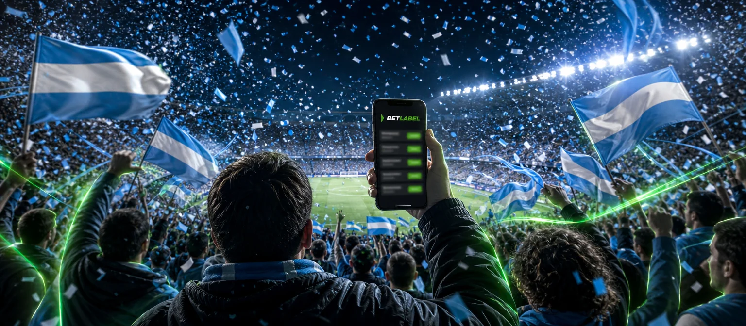 Hinchas de espaldas en la tribuna con banderas celestes y blancas y papelitos, uno de ellos con la app de BetLabel en el celular