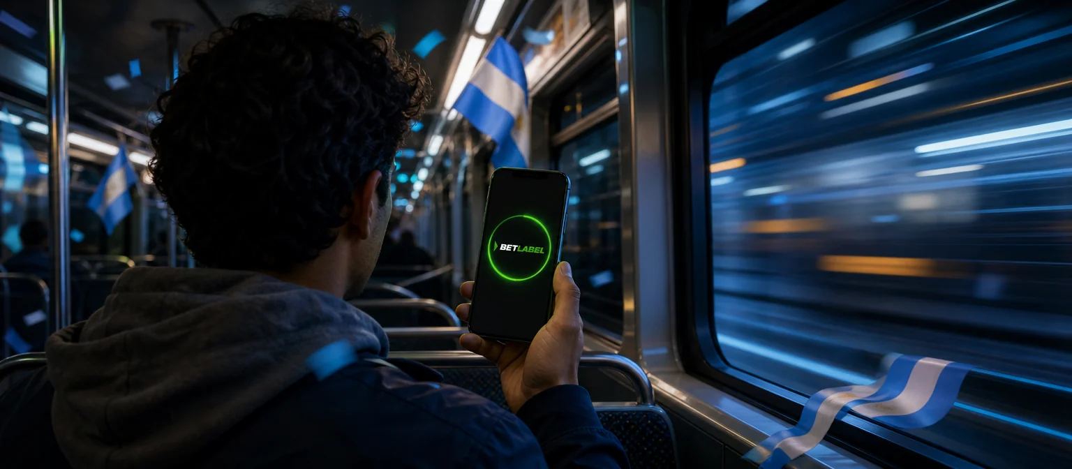 Pasajera de espaldas en el subte con un celular que instala la app de BetLabel con un anillo de progreso