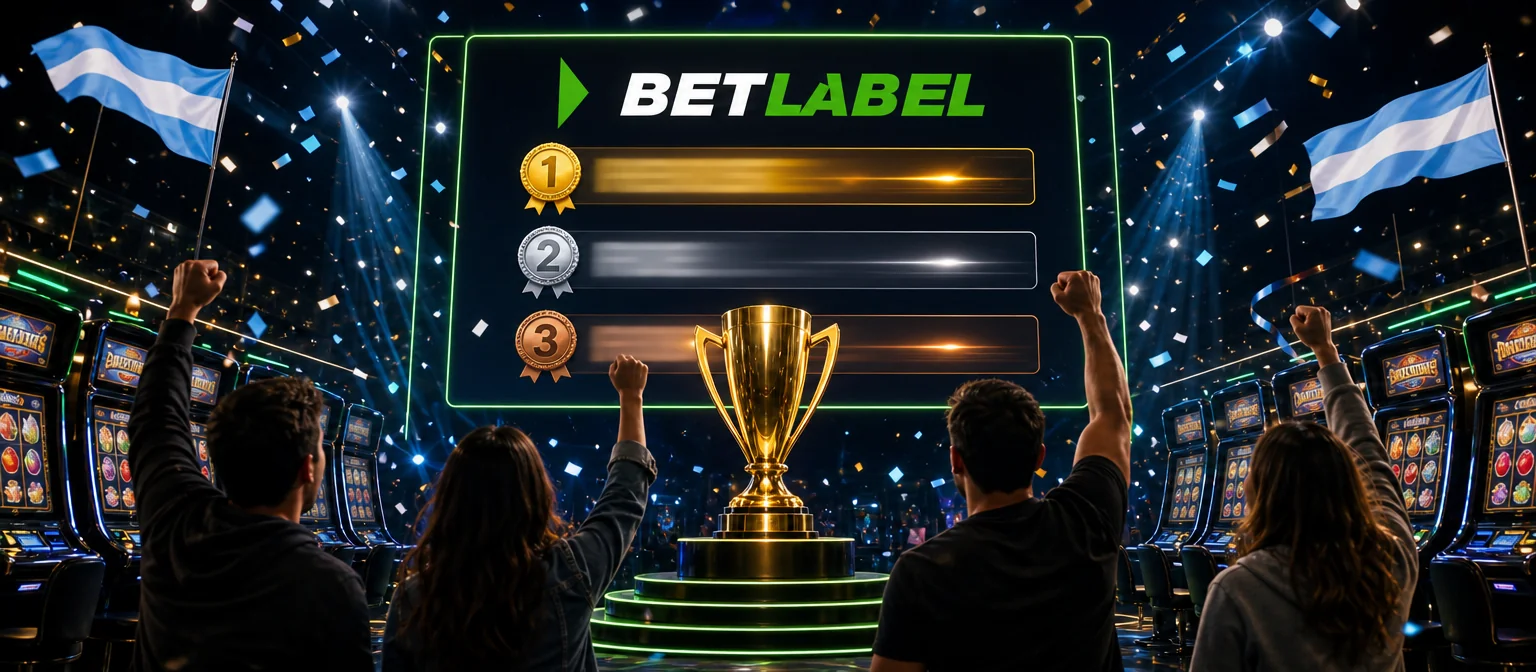 Final de un torneo de tragamonedas en un escenario: pantalla LED con el logo de BetLabel y medallas, trofeo dorado y jugadores de espaldas